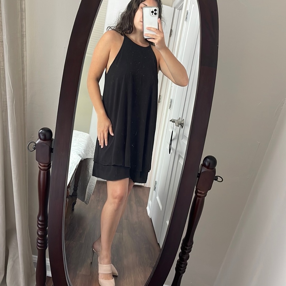 High Neck Flowy Black Shift Dress